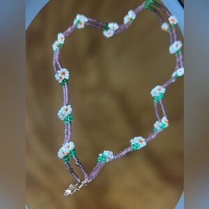 Handmade Beaded Daisy Flower Necklace - Lavender & White Boho Chic Jewelry
